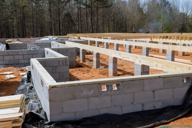 Concrete block foundation with floor framing system installed during new home construction in Columbia Station, OH